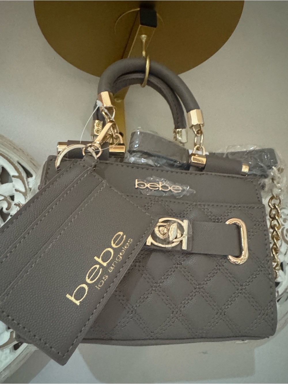 bebe Quilted Mini Satchel Handbag in Taupe with Gold Hardware